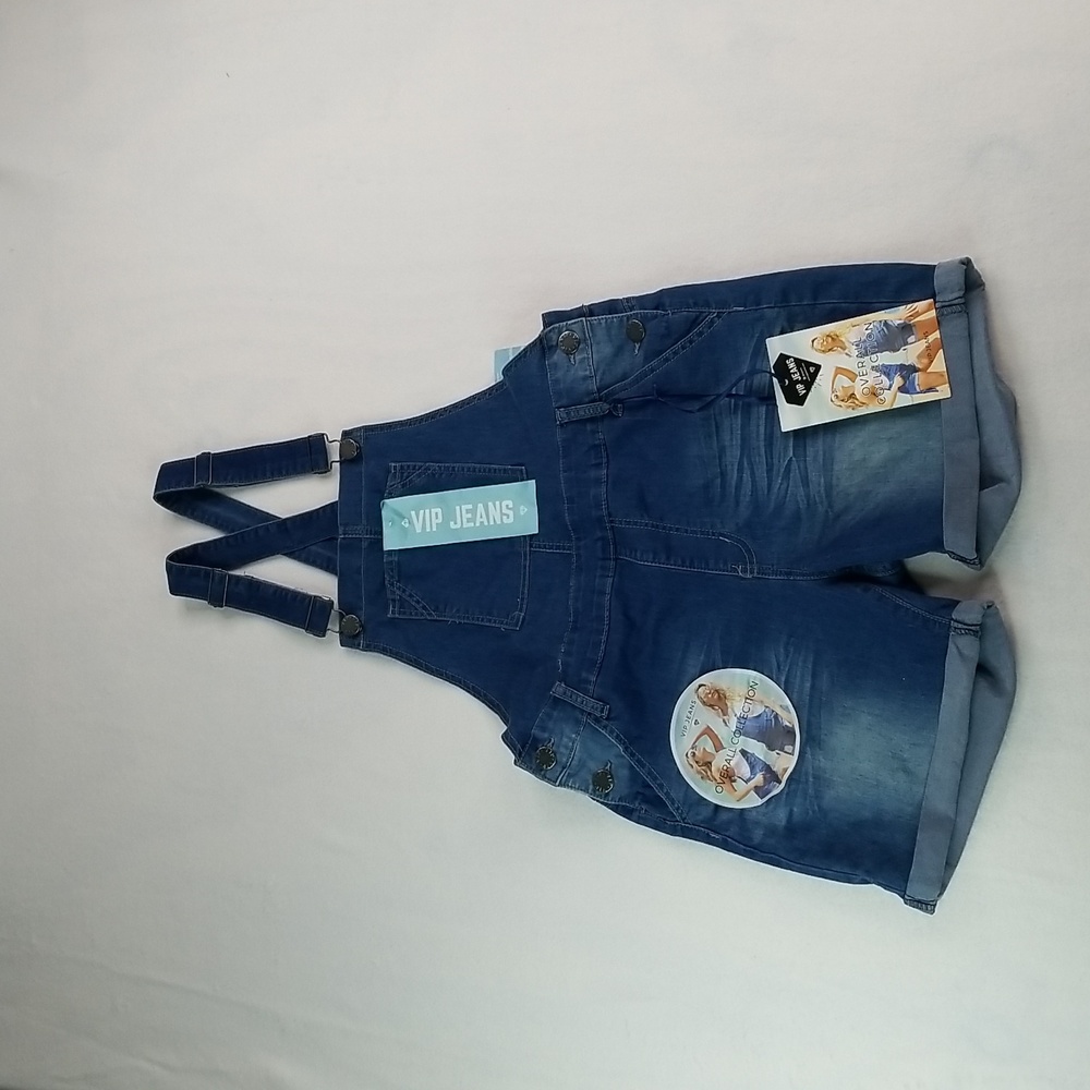 Size 15/16 V.I.P. Jeans Distressed Blue Removable Strap UNISEX Overalls